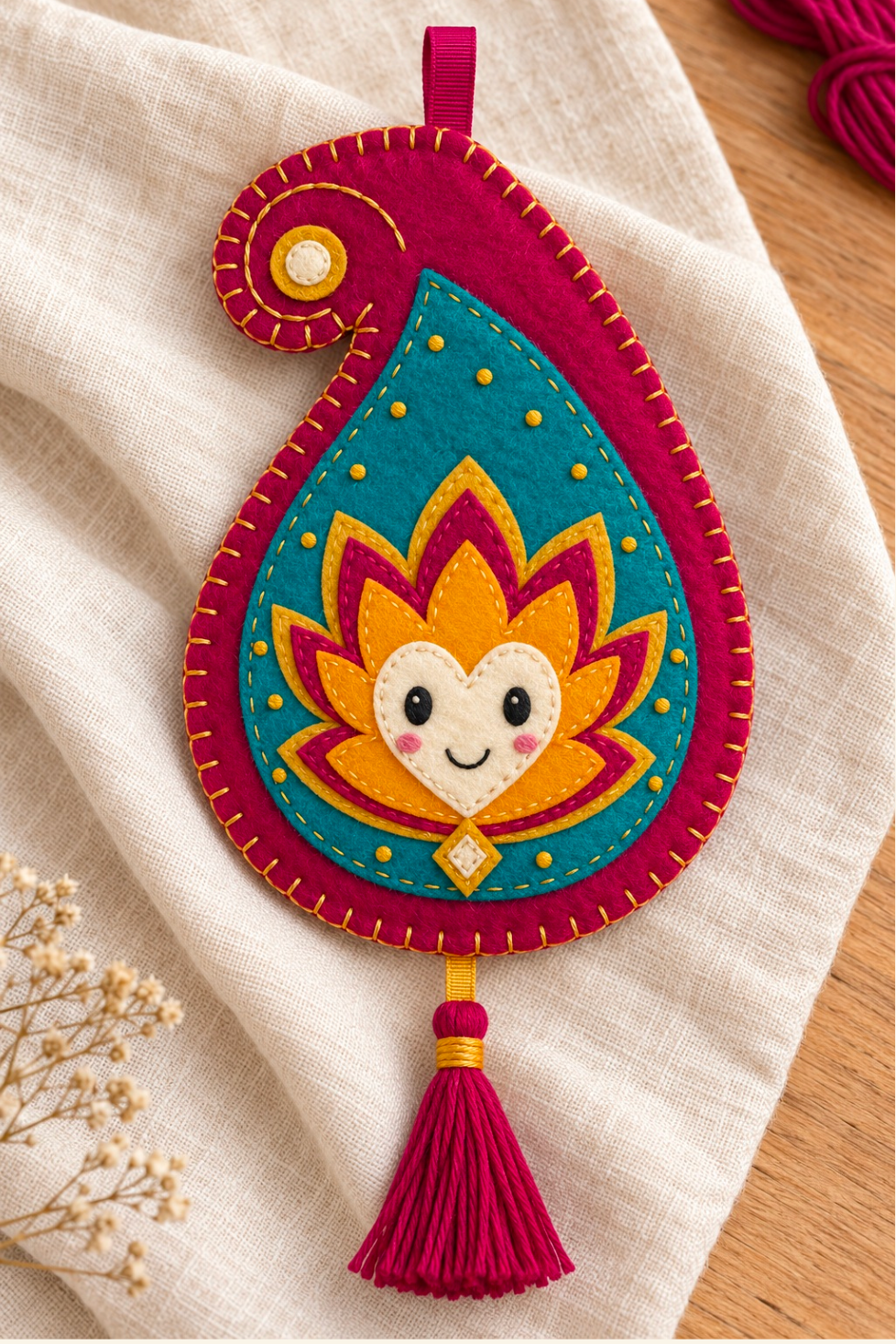 Mehendi Lotus craft design: a pink and teal paisley-shaped felt pendant with a smiling lotus face, gold accents and a pink tassel.