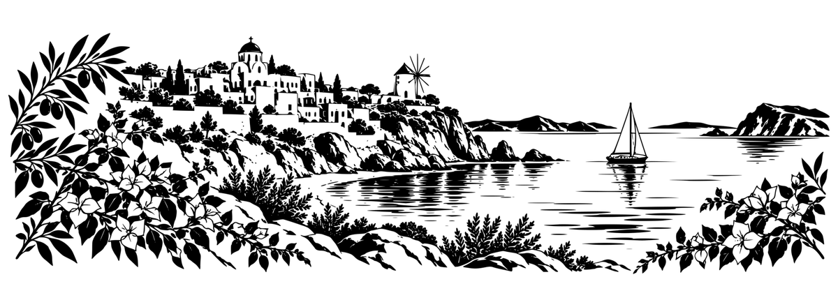 Aegean Escape panoramic black-and-white engraving design showing Greek island village, domed chapel, windmill, sailboat and coastline; artwork only