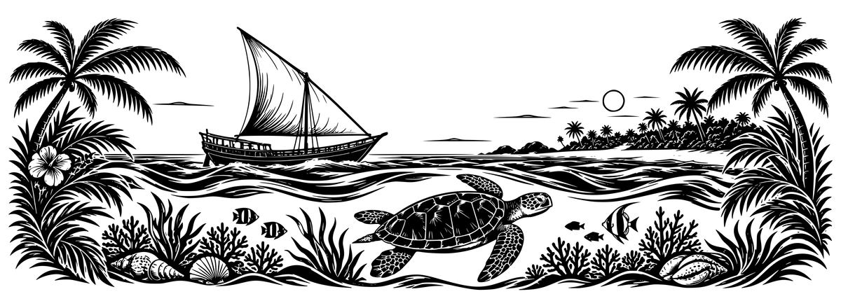 Zanzibar Ocean Voyage - flat black-and-white panoramic laser engraving artwork. A sailing dhow and palm-lined shore sit above a sea turtle, small fish, coral, seaweed and shells.