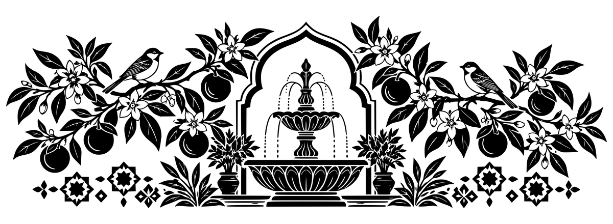 Moroccan Courtyard Bloom - flat black-and-white panoramic laser engraving artwork. A tiered fountain within a shaped arch is framed by citrus fruit, blossoms, two birds and geometric accents.