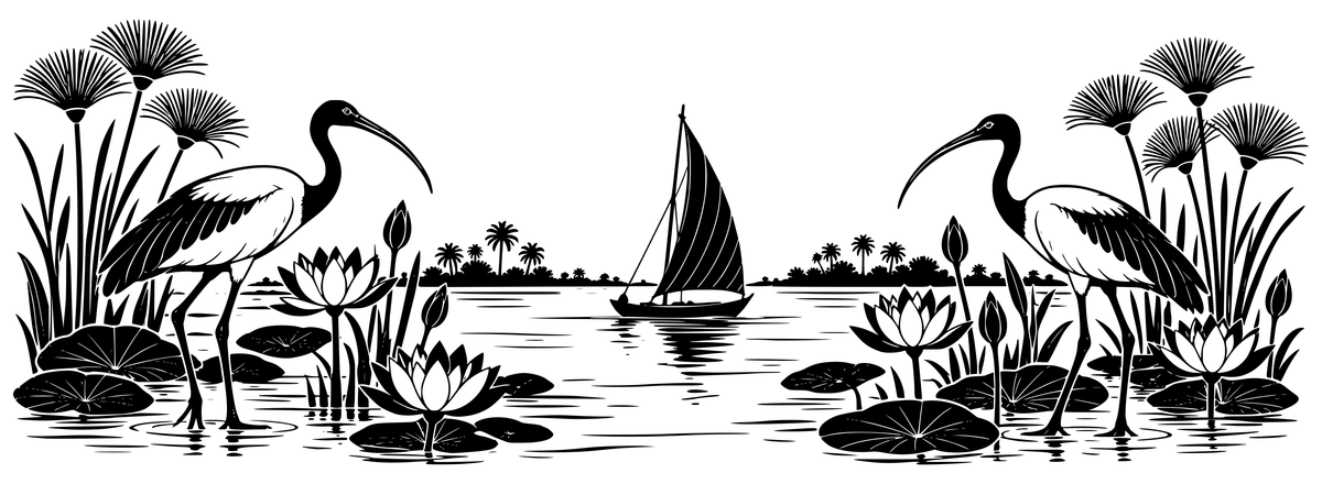 Nile Lotus & Sail - flat black-and-white panoramic laser engraving artwork. A small sailing boat crosses still water between two ibis, lotus-inspired flowers and tall papyrus-like stems.