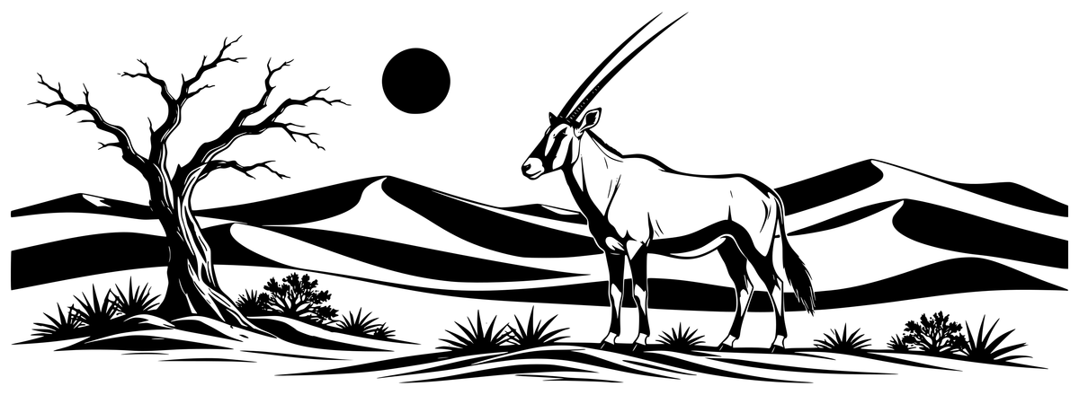 Namib Oryx & Dunes - flat black-and-white panoramic laser engraving artwork. A long-horned oryx stands beside a bare tree in sweeping desert dunes beneath a solid sun disc.