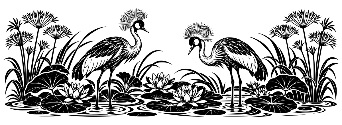 Crowned Crane Water Garden - flat black-and-white panoramic laser engraving artwork. Two crowned cranes stand among water flowers, broad floating leaves, tall fan-shaped stems and ripples.