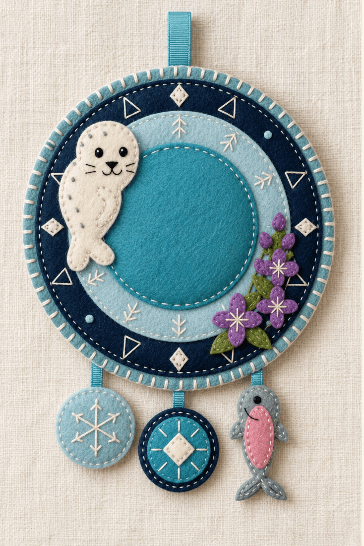 Alaska Aurora Seal craft design: a blue round felt pendant with a white seal, geometric border, purple flowers and three dangling charms.