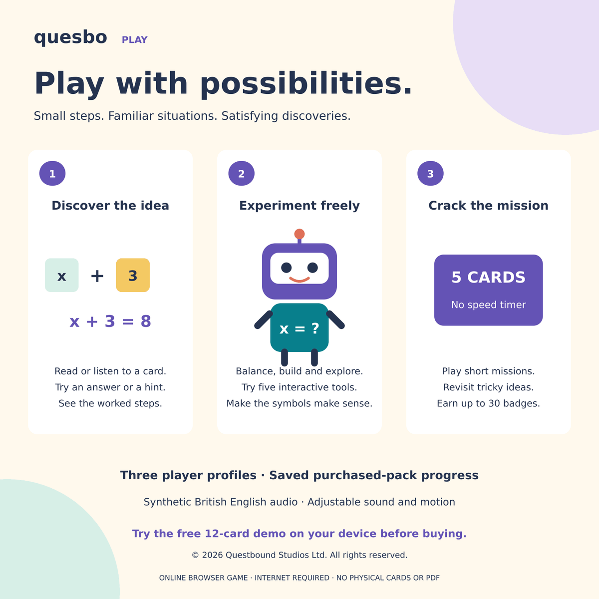 Explore illustrated cards, try five interactive algebra tools and play short untimed missions.