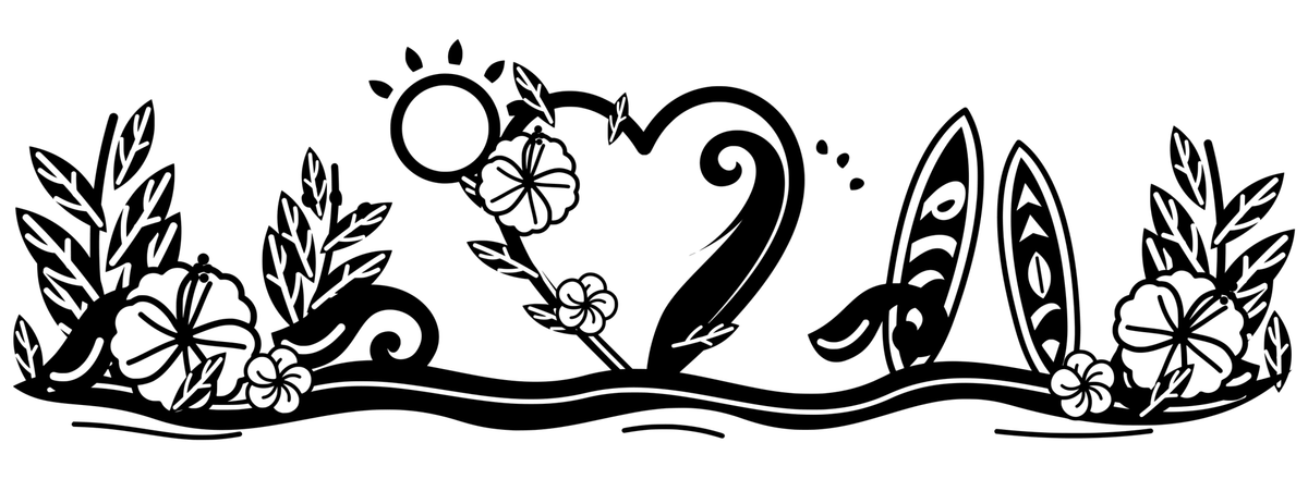 Aloha Heart Tides: black-and-white panoramic engraving design. A floral wave heart, surfboards and tropical blossoms.