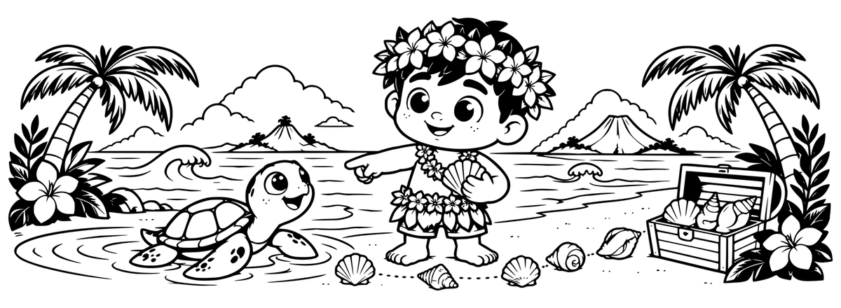 Aloha Turtle Treasure — flat black-and-white 360-degree laser engraving artwork. A flower-crowned island friend and a cheerful sea turtle discover shells along a tropical shore.