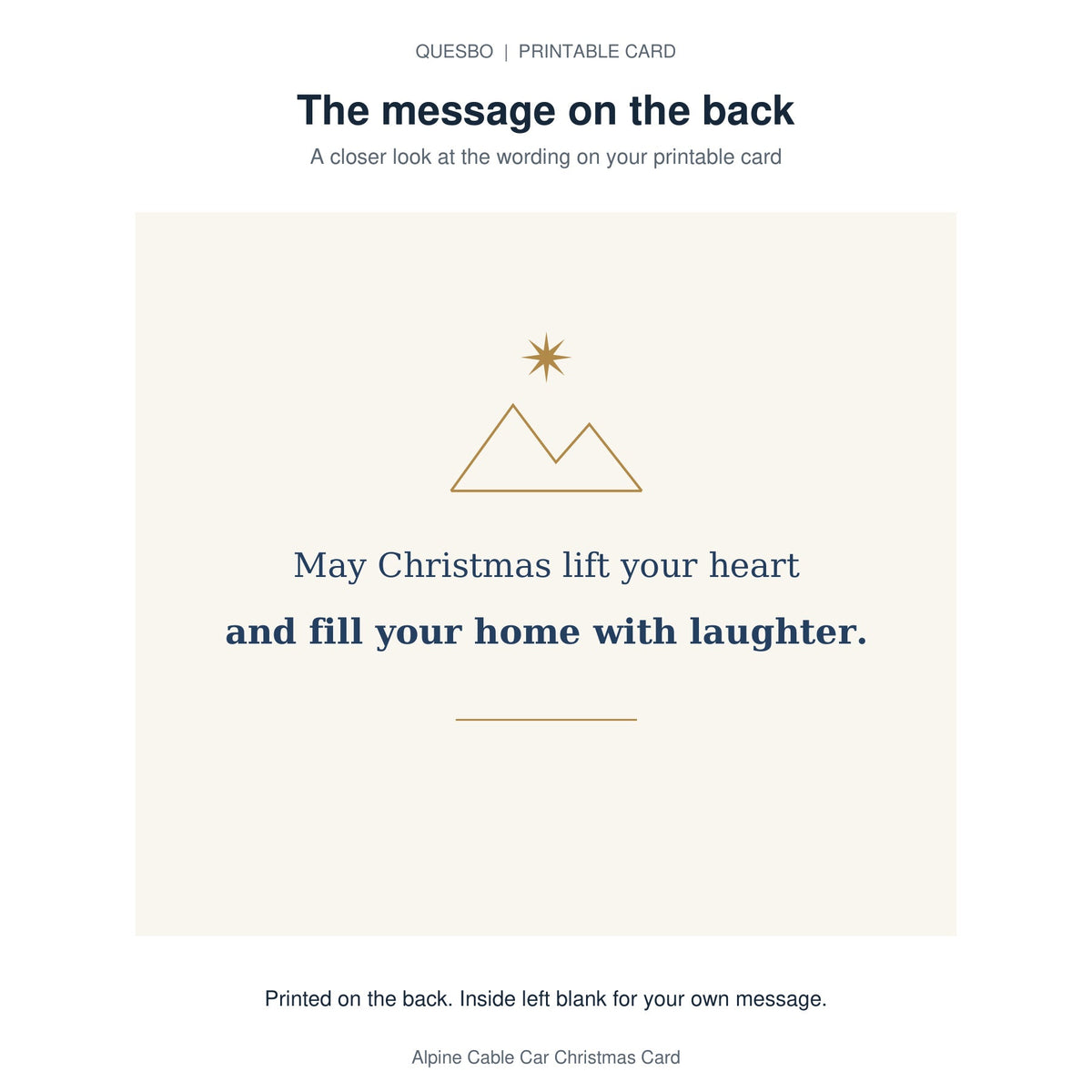 Printed message on the back of the PDF card: May Christmas lift your heart and fill your home with laughter. The inside is blank for your own handwritten message.
