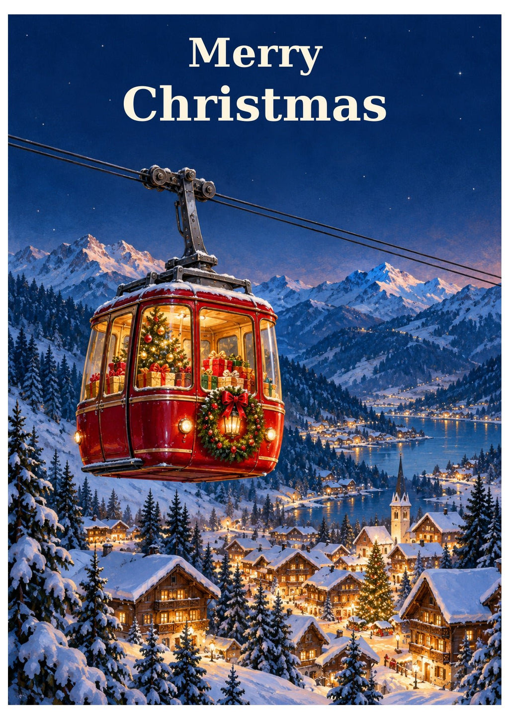 Alpine cable car Christmas card with Merry Christmas lettering.