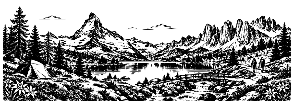 Alpine Escape panoramic engraving artwork with mountain peaks, a lake, tent, backpackers and forest trails; artwork only