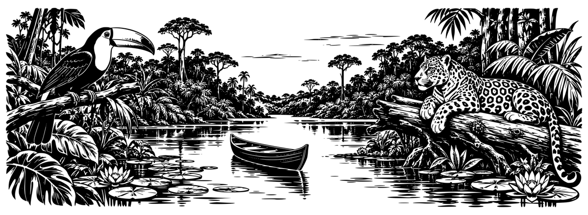 Amazon Explorer panoramic black-and-white engraving design showing Amazon river, toucan, jaguar, canoe, water lilies and tropical foliage; artwork only