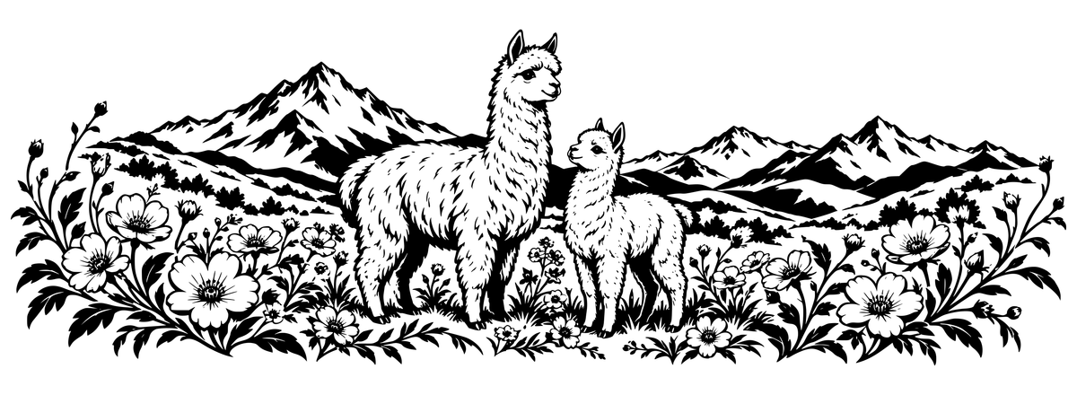 Alpaca Blossom Meadow - flat black-and-white panoramic laser engraving artwork. An adult alpaca and a smaller alpaca stand among open wildflowers and flowing leaves beneath layered mountain peaks.