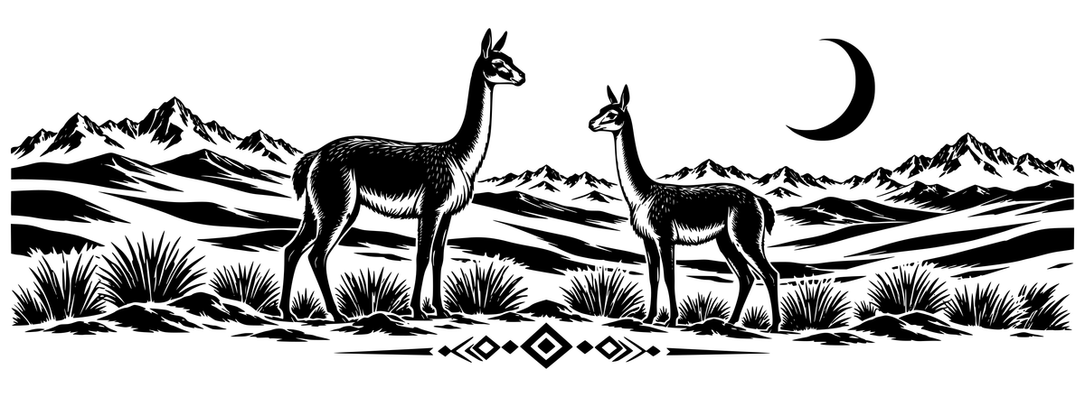 Vicuña Moonrise - flat black-and-white panoramic laser engraving artwork. Two slender vicuñas stand among grass tufts before layered mountain scenery beneath a crescent moon, with geometric accents below.