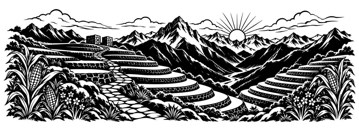 Andean Terrace Sunrise - flat black-and-white panoramic laser engraving artwork. Stone terraces and a winding path overlook a mountain valley and river beneath a radiating sun, framed by maize plants and flowers.