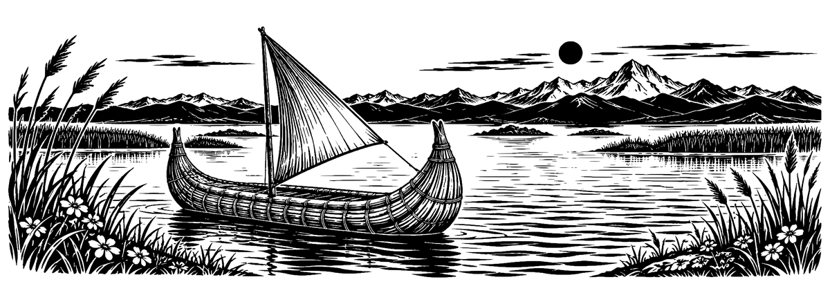 Titicaca Reedboat Journey - flat black-and-white panoramic laser engraving artwork. A stylised reedboat with raised ends and a tall sail floats on rippling lake water between reeds, flowers and distant mountains.