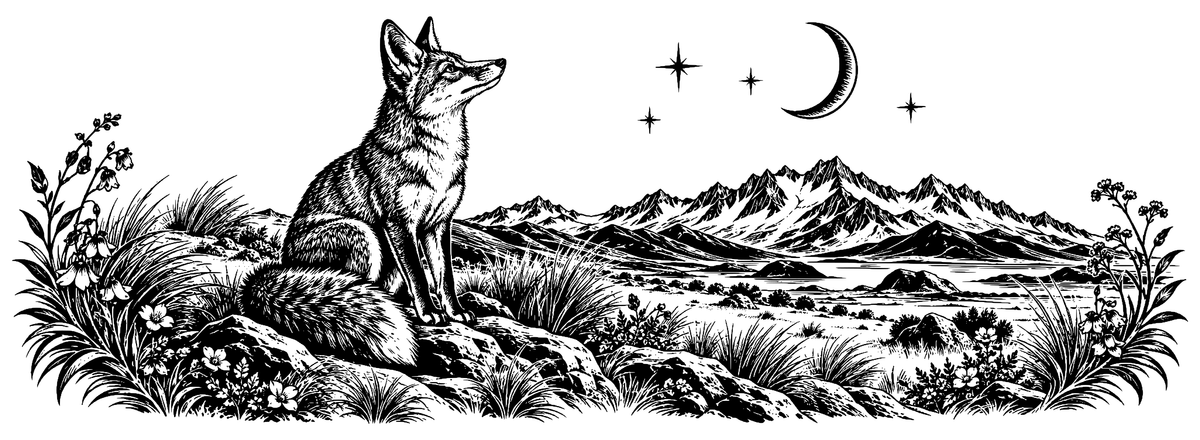 Andean Fox Stargazer - flat black-and-white panoramic laser engraving artwork. A seated fox looks upwards from a rocky rise beneath a crescent moon and four stars, with wildflowers, grasses and distant mountains.