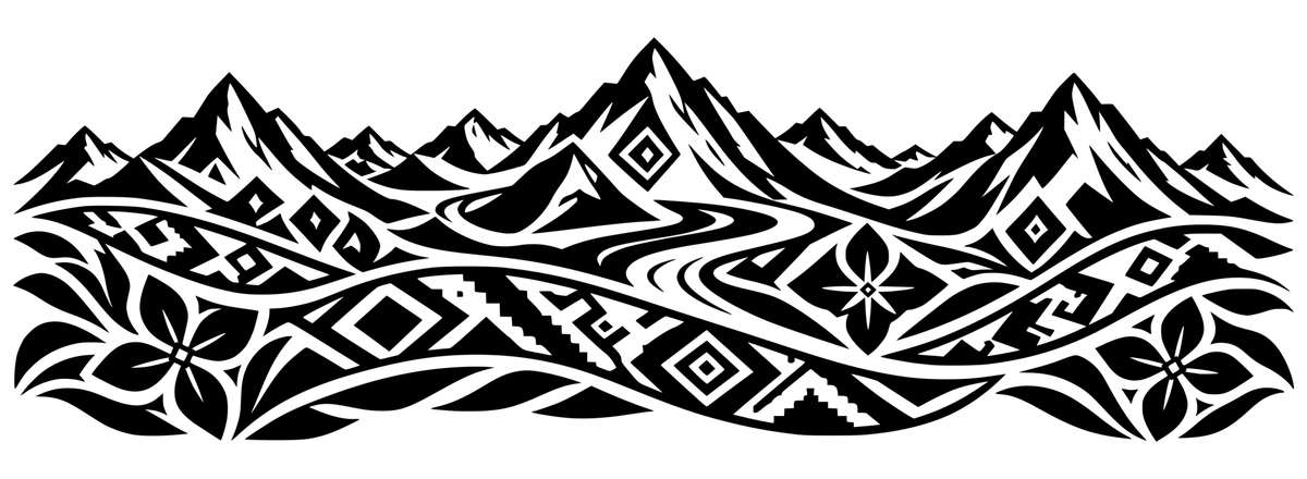 Andean Mountain Weave - flat black-and-white panoramic laser engraving artwork. Angular mountain peaks rise above flowing ribbon forms filled with diamonds, stepped accents and stylised petals.