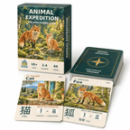 Animal Expedition box and face-down deck with illustrated Cat and Fox cards on a white background.