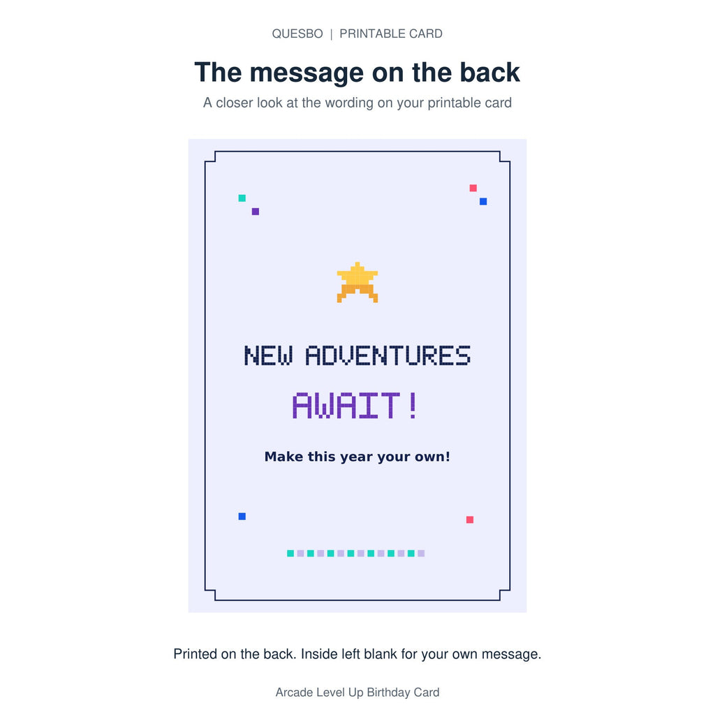 Printed message on the back of the PDF card: NEW ADVENTURES AWAIT! Make this year your own! The inside is blank for your own handwritten message.