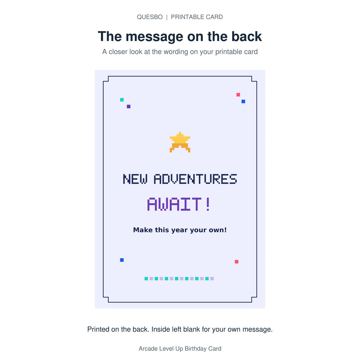Printed message on the back of the PDF card: NEW ADVENTURES AWAIT! Make this year your own! The inside is blank for your own handwritten message.