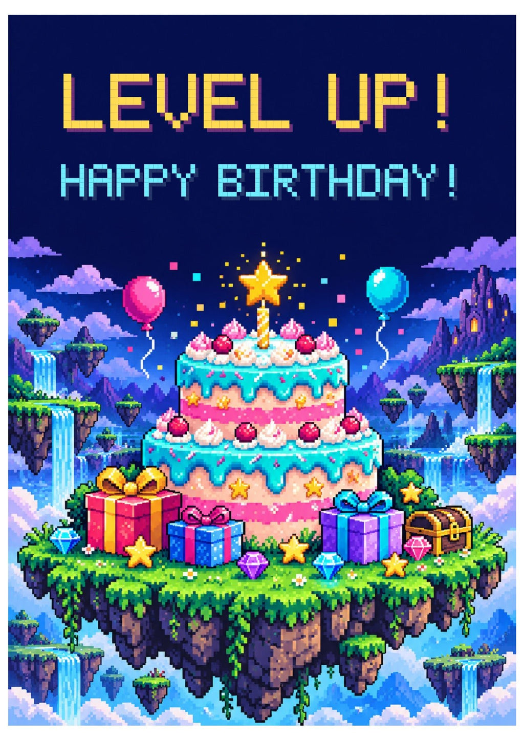 Arcade-themed birthday card with Level Up! and Happy Birthday! lettering.