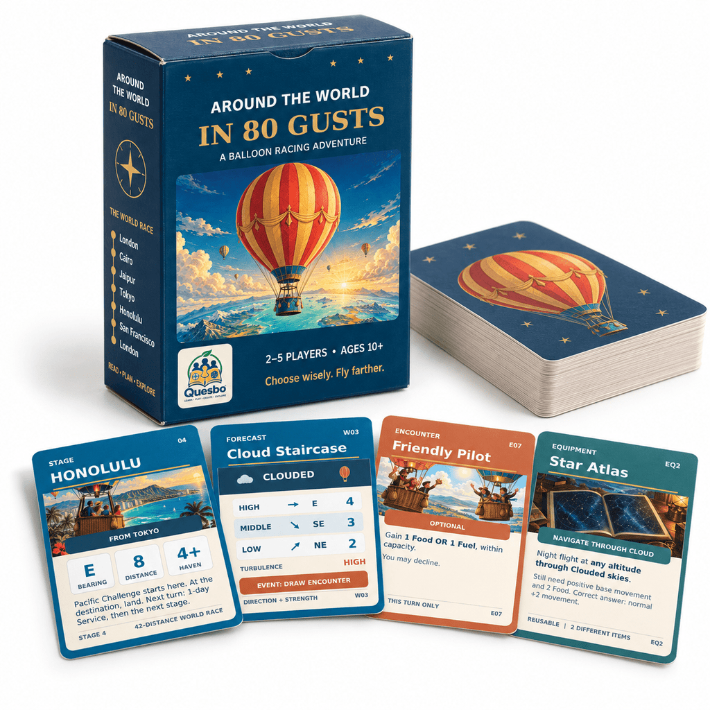 Around the World in 80 Gusts – Family Strategy Card Game - Quesbo