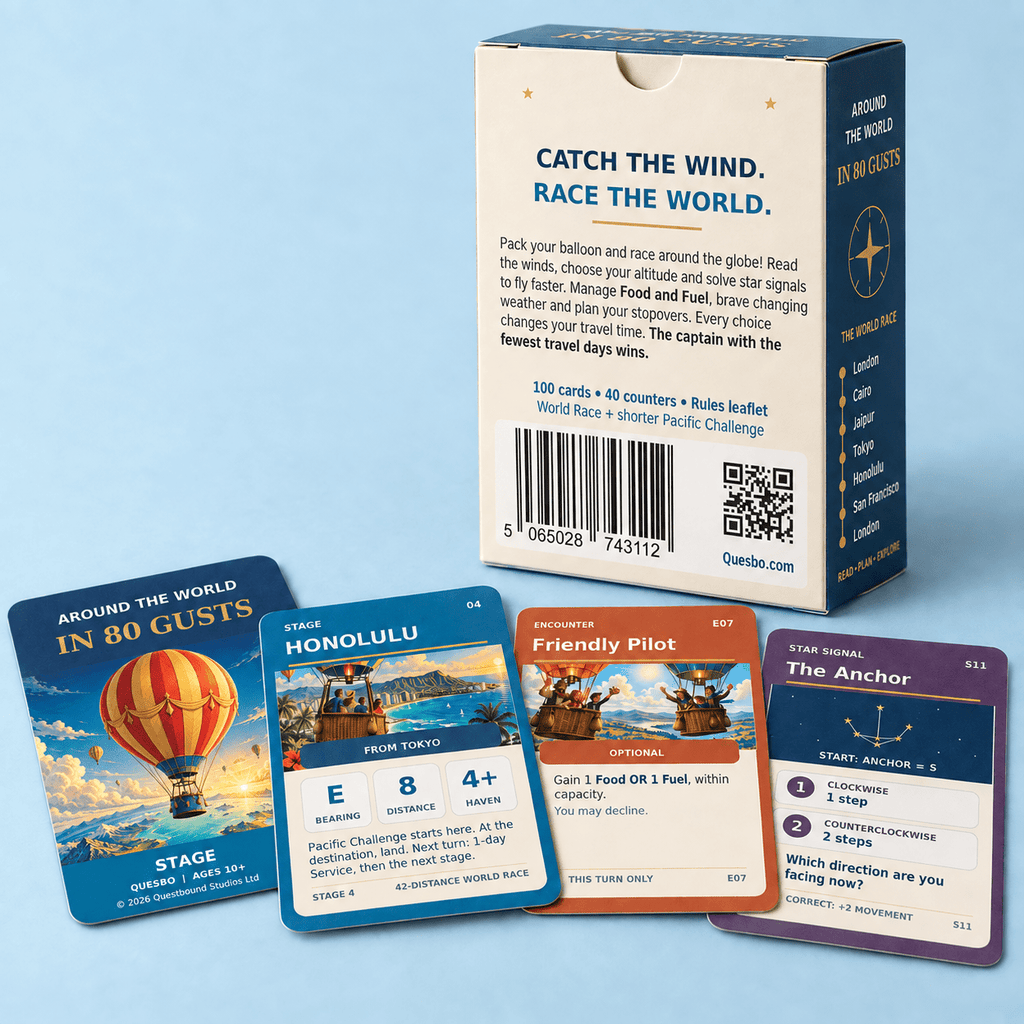 Around the World in 80 Gusts – Family Strategy Card Game - Quesbo