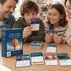 Two adults and two children play Around the World in 80 Gusts at a wooden table with the box, deck and travel cards.