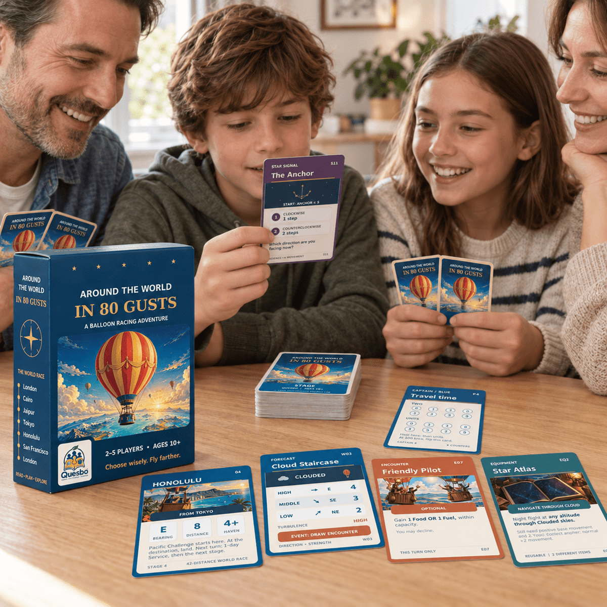 Around the World in 80 Gusts – Family Strategy Card Game - Quesbo