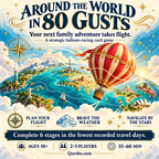 Around the World in 80 Gusts illustrated overview with a red-and-gold hot-air balloon above oceans and world landmarks.