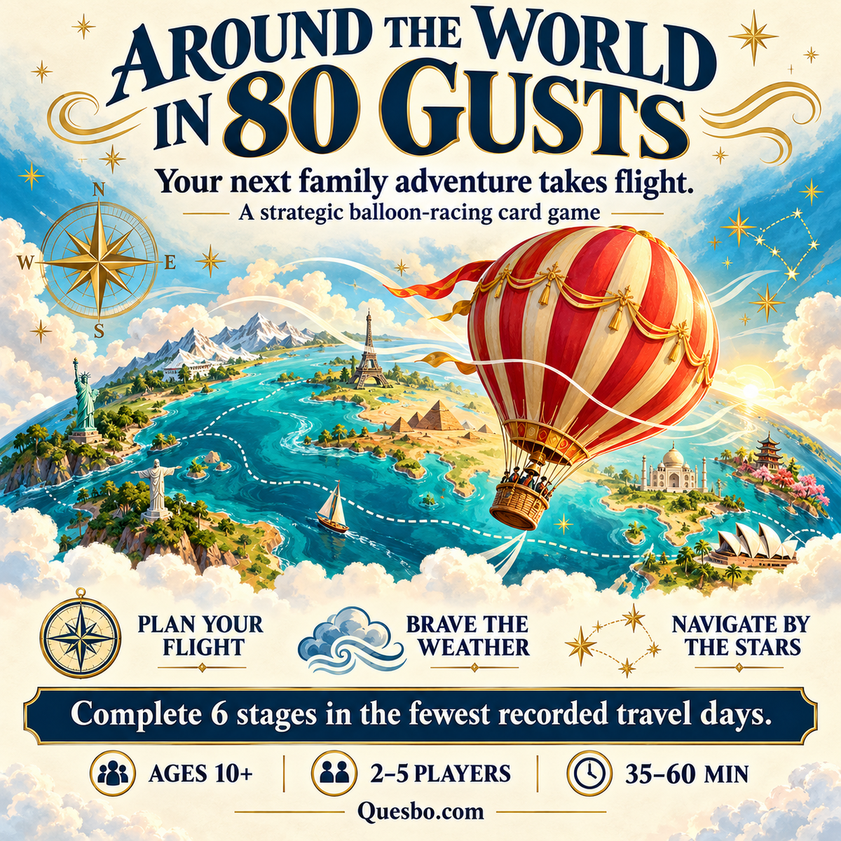 Around the World in 80 Gusts – Family Strategy Card Game - Quesbo