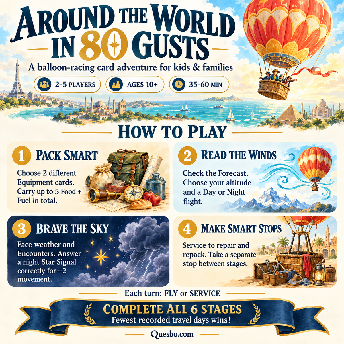 Around the World in 80 Gusts – Family Strategy Card Game - Quesbo
