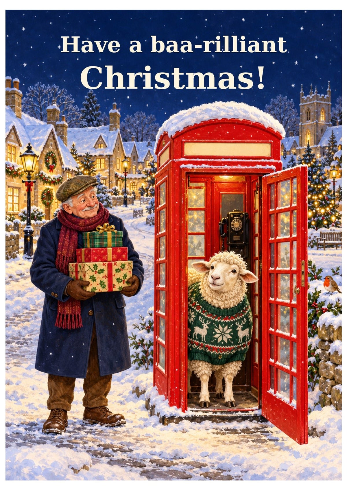 British Christmas card with the greeting “Have a baa-rilliant Christmas!”