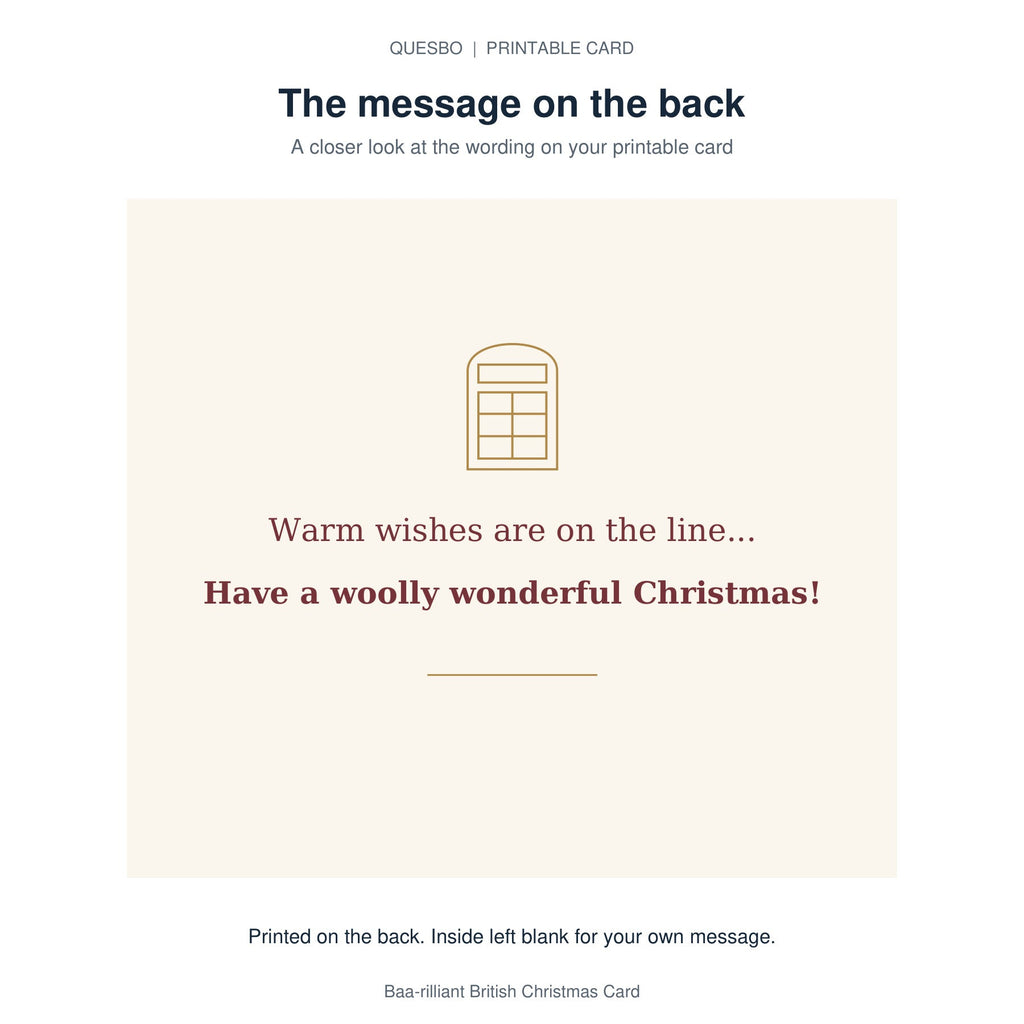 Printed message on the back of the PDF card: Warm wishes are on the line... Have a woolly wonderful Christmas! The inside is blank for your own handwritten message.