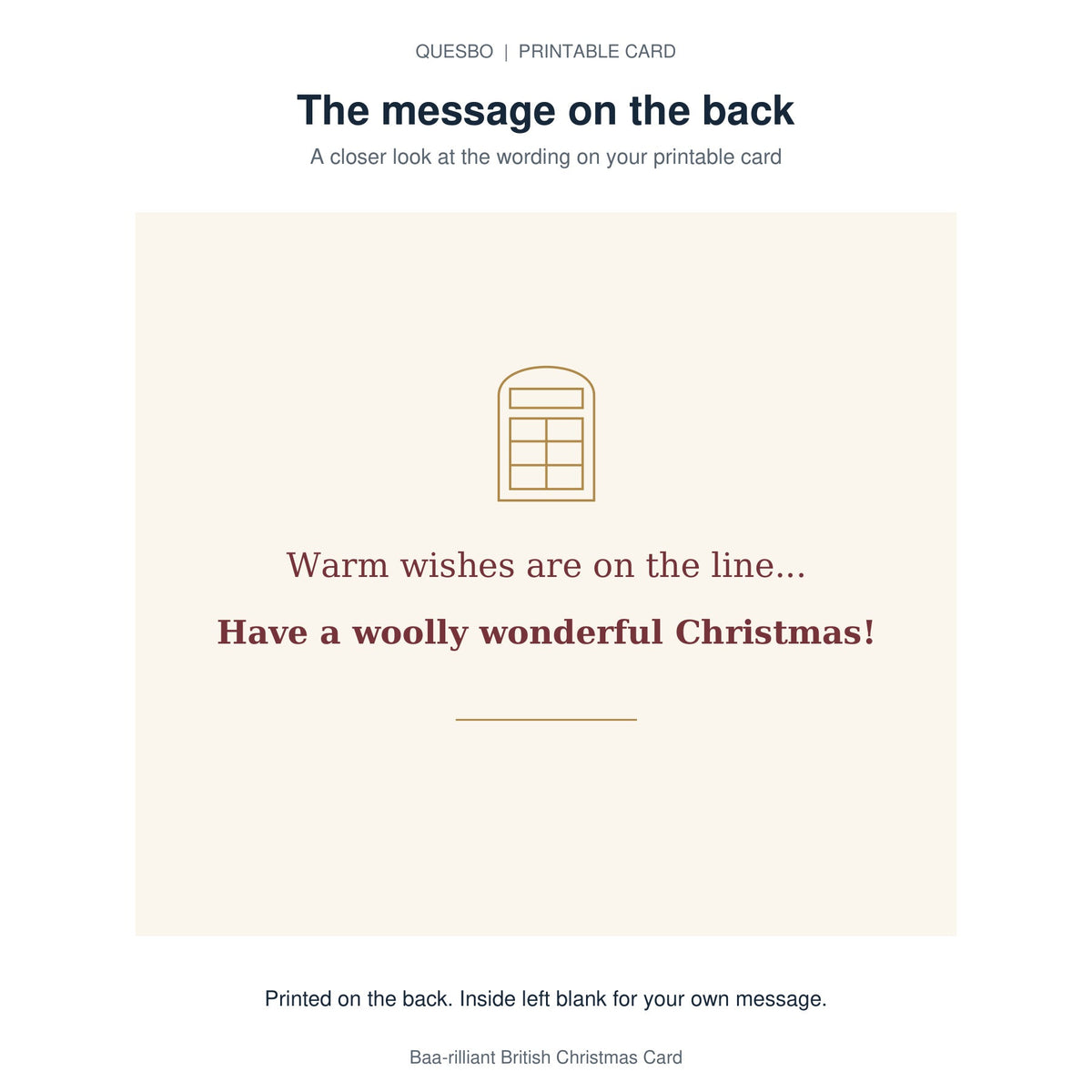 Printed message on the back of the PDF card: Warm wishes are on the line... Have a woolly wonderful Christmas! The inside is blank for your own handwritten message.