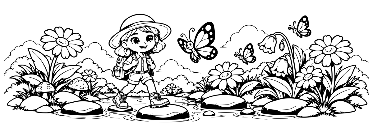 Backpack Butterfly Garden — flat black-and-white 360-degree laser engraving artwork. A smiling backpack explorer discovers giant flowers, butterflies and a garden stream.