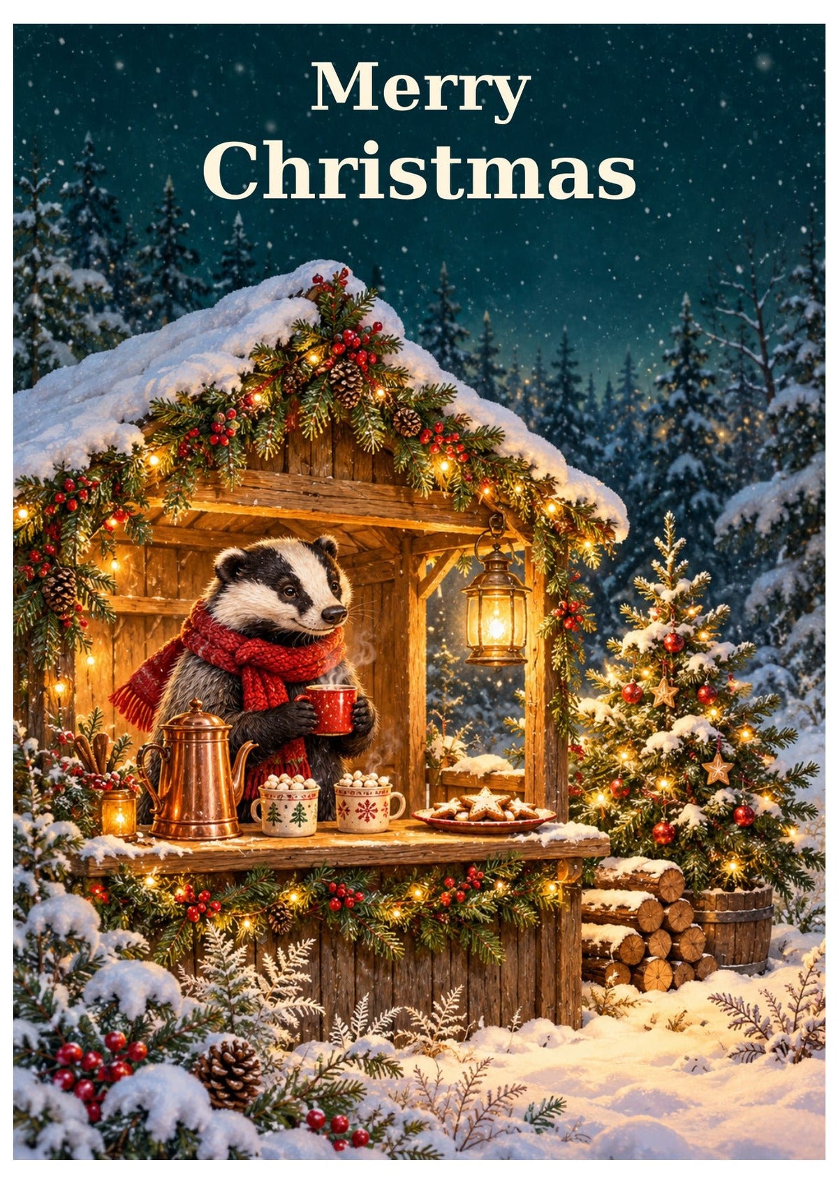 Badger and cocoa Christmas card with Merry Christmas lettering.
