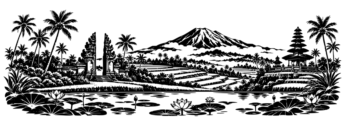 Bali Sanctuary panoramic black-and-white engraving design showing Balinese rice terraces, split gateway, tiered temple, mountain and lotus pond; artwork only