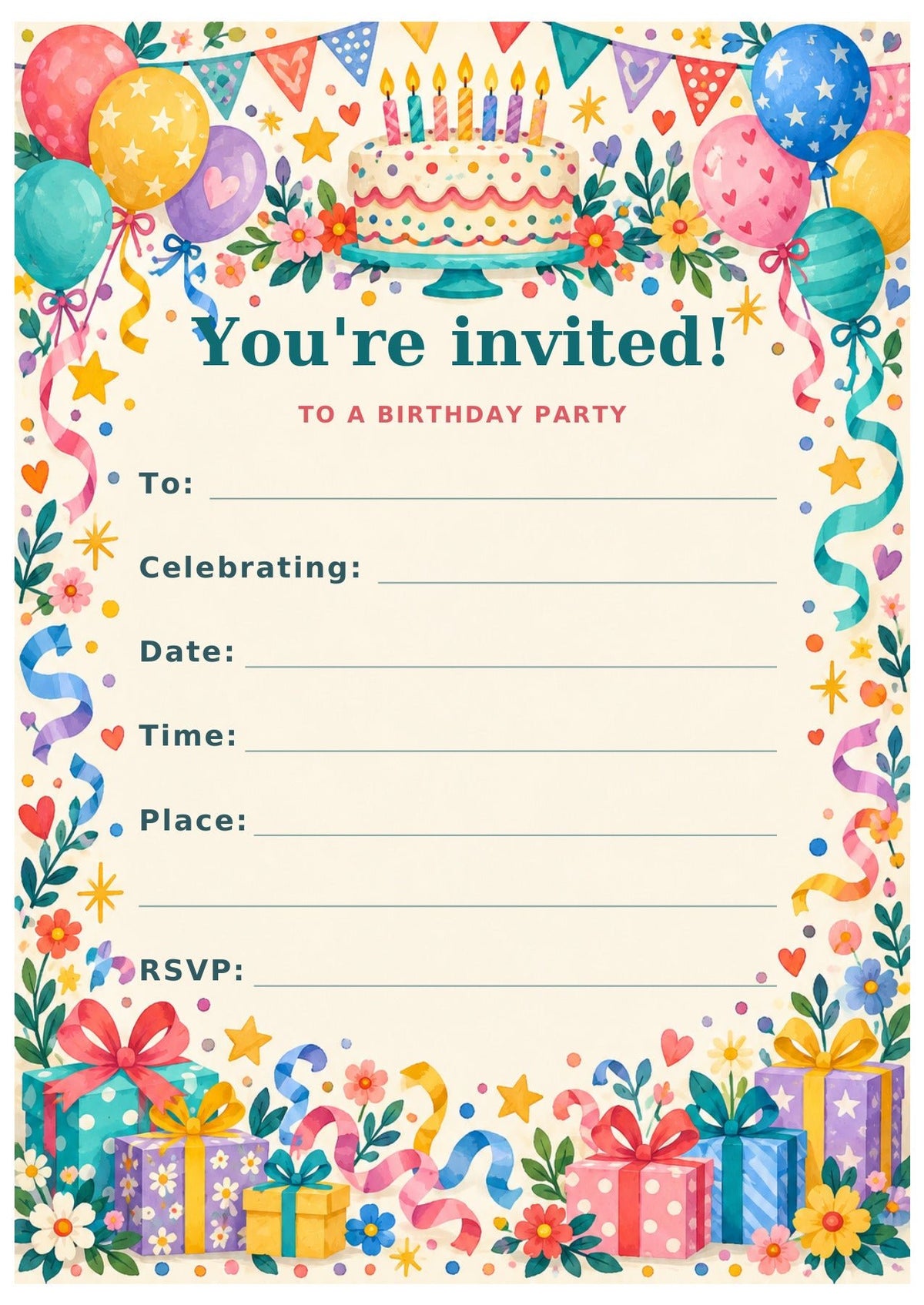 Birthday party invitation bordered with balloons, cake, streamers and presents, with You’re invited! lettering.