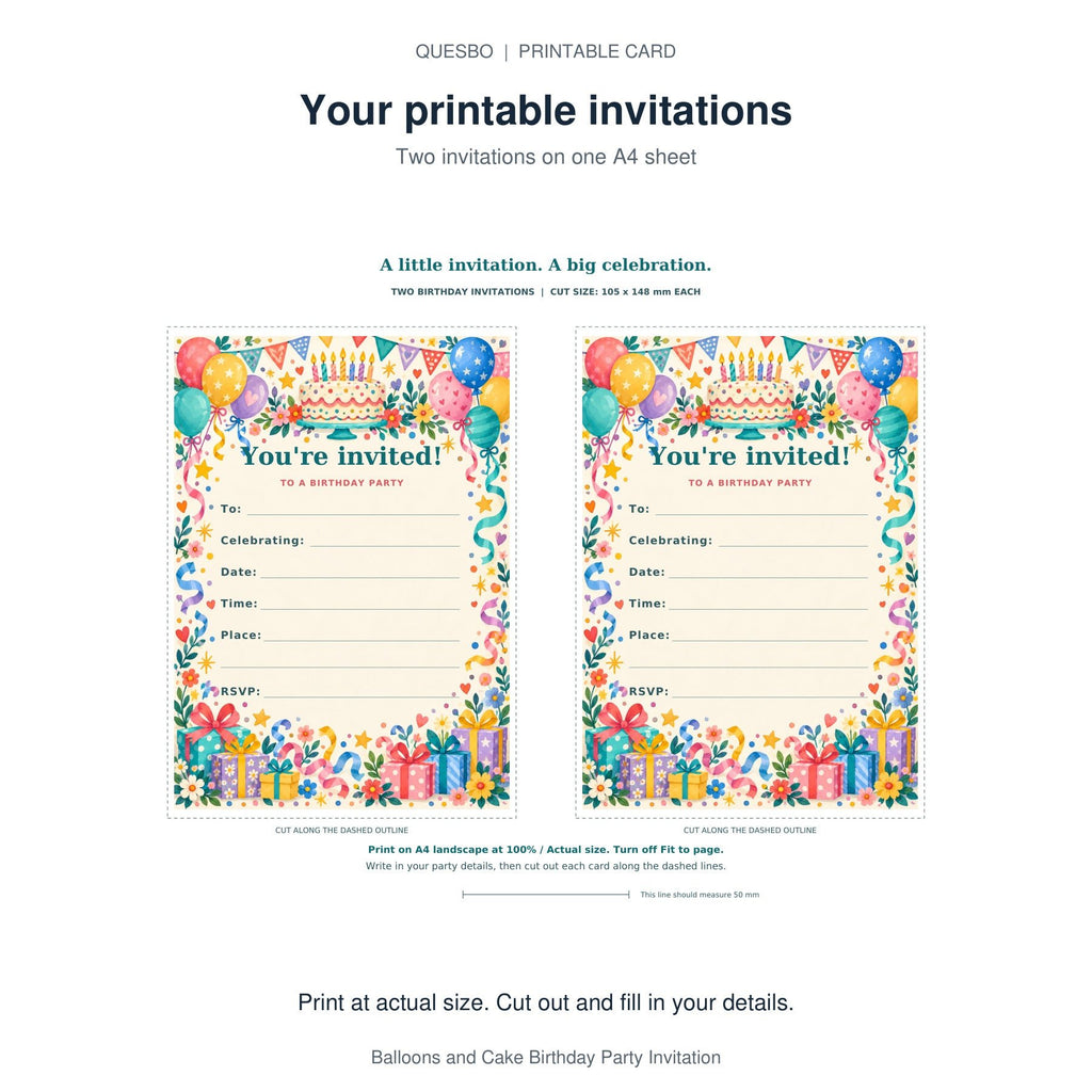 PDF print layout for Balloons and Cake Birthday Party Invitation, showing two invitations and the wording and blank event-detail fields.
