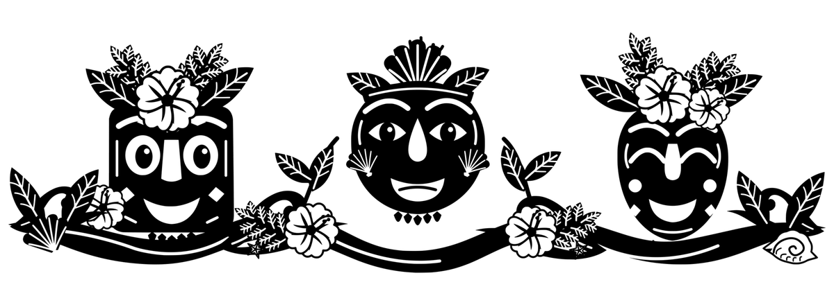 Beach Totem Parade: black-and-white panoramic engraving design. Three fantasy craft characters linked by flowers and waves.