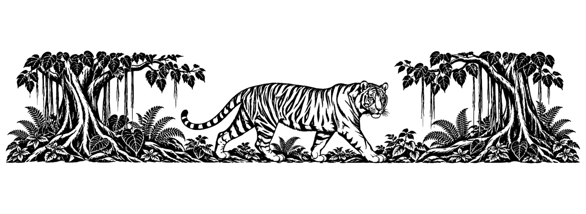 Bengal Tiger & Banyan - flat black-and-white panoramic laser engraving artwork. A walking striped tiger is framed by banyan-inspired branches, roots and layered forest leaves.