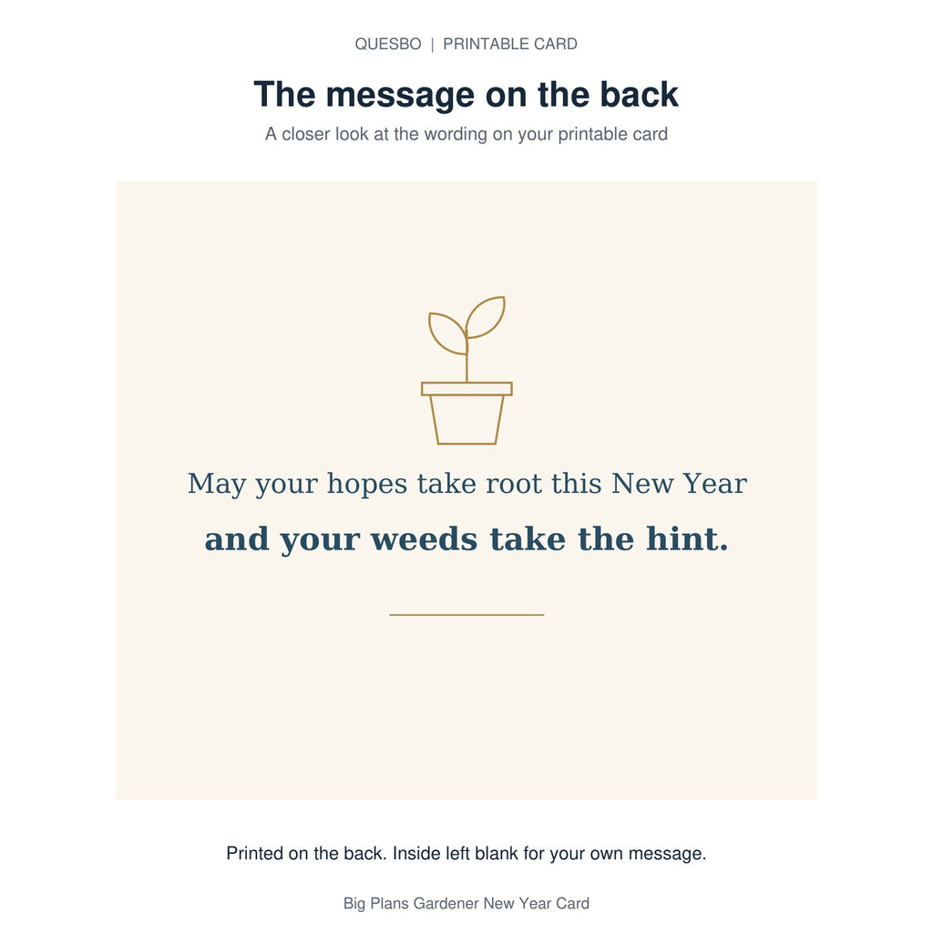 Printed message on the back of the PDF card: May your hopes take root this New Year and your weeds take the hint. The inside is blank for your own handwritten message.