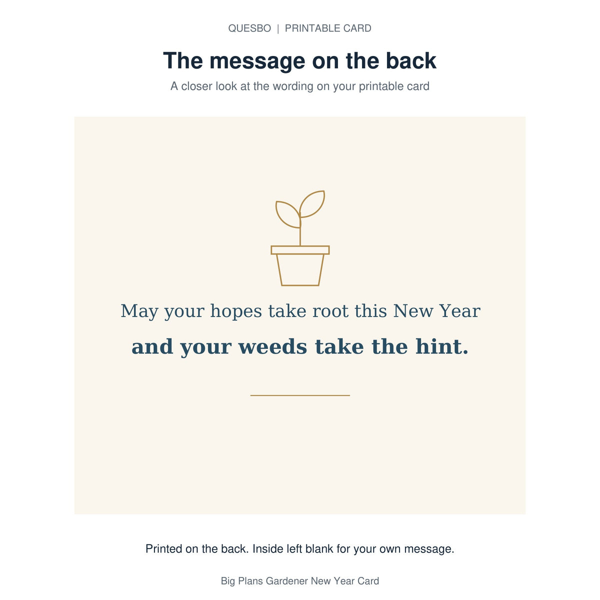 Printed message on the back of the PDF card: May your hopes take root this New Year and your weeds take the hint. The inside is blank for your own handwritten message.