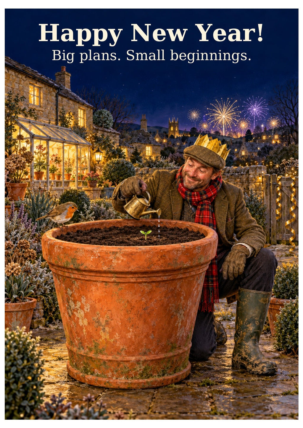 Gardener New Year card with “Happy New Year!” and “Big plans. Small beginnings.”