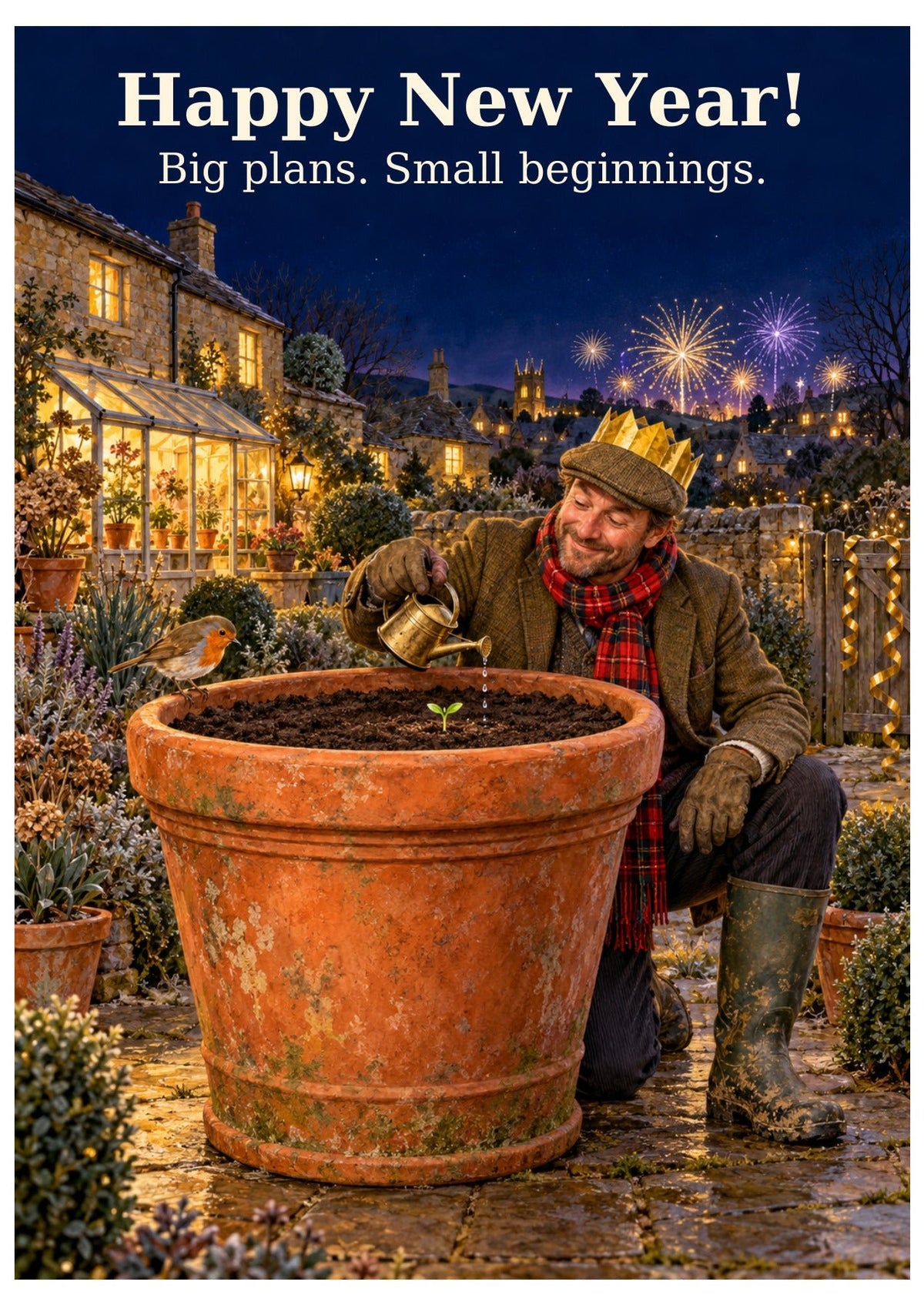 Gardener New Year card with “Happy New Year!” and “Big plans. Small beginnings.”