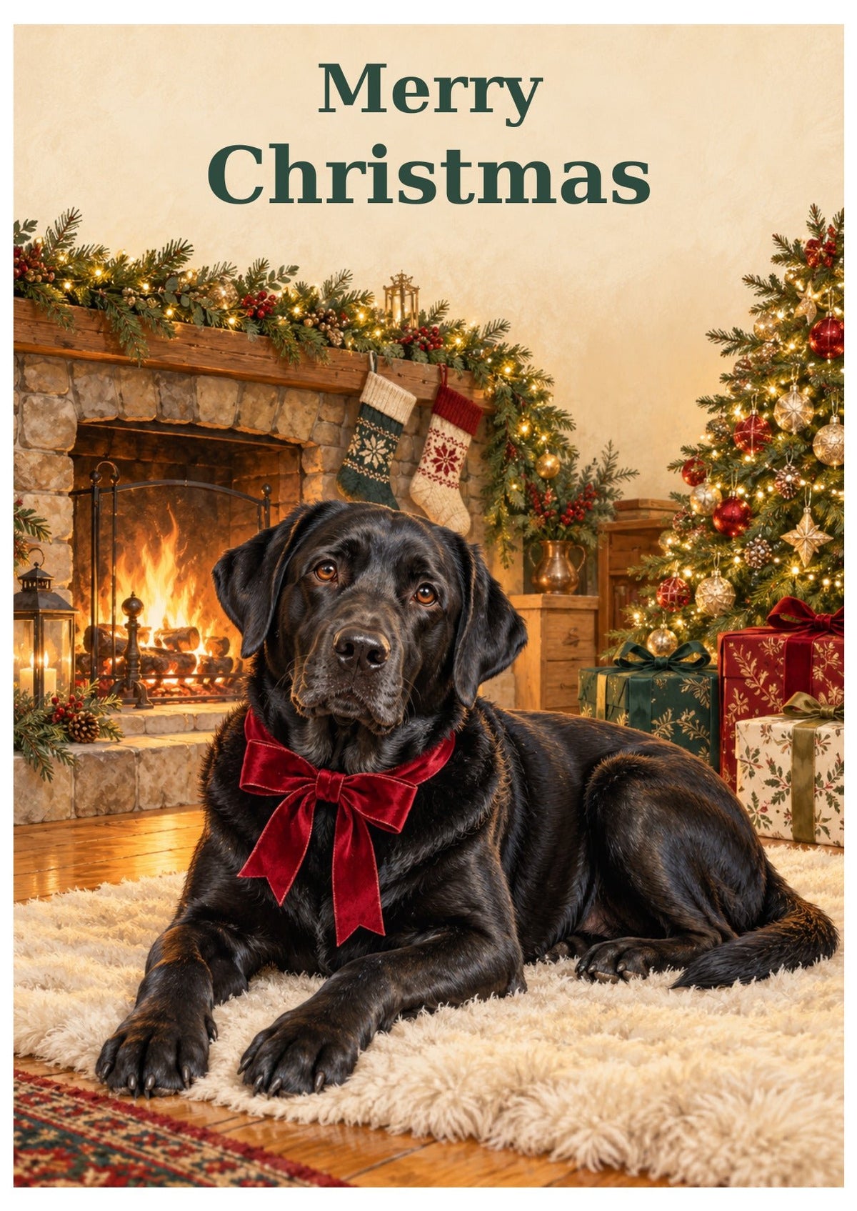 Black Labrador fireside Christmas card with Merry Christmas lettering.