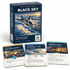 Black Sky game box with jet aircraft artwork and Microelectronics, All-Weather Trial and Nightfall Works sample cards.