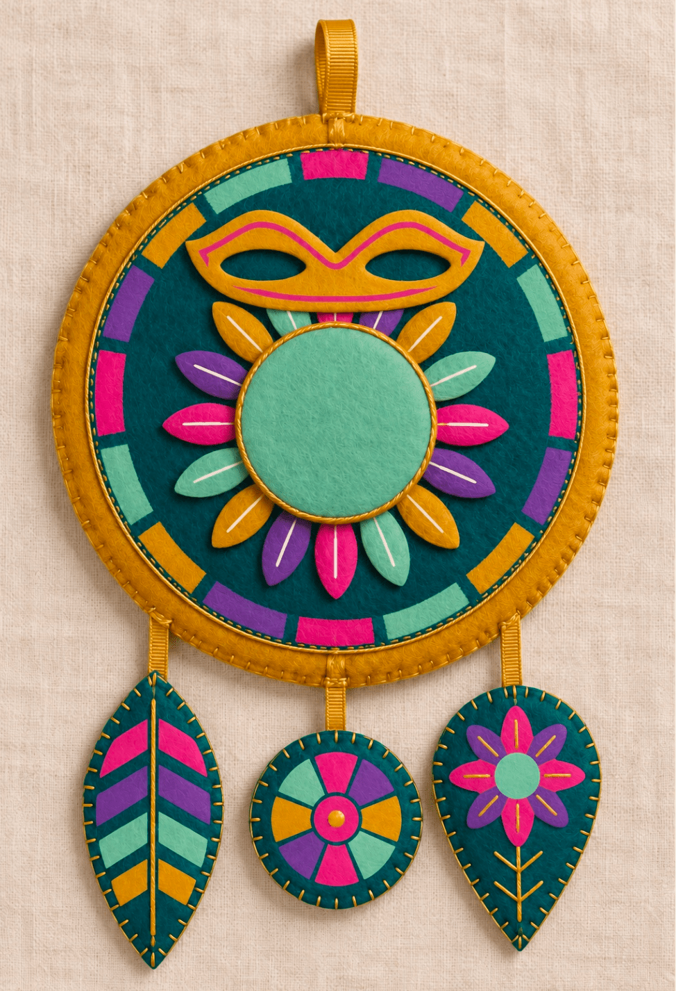 Brazilian Carnival craft design: a round teal felt pendant with a colourful mask, petal shapes and three colourful hanging charms.