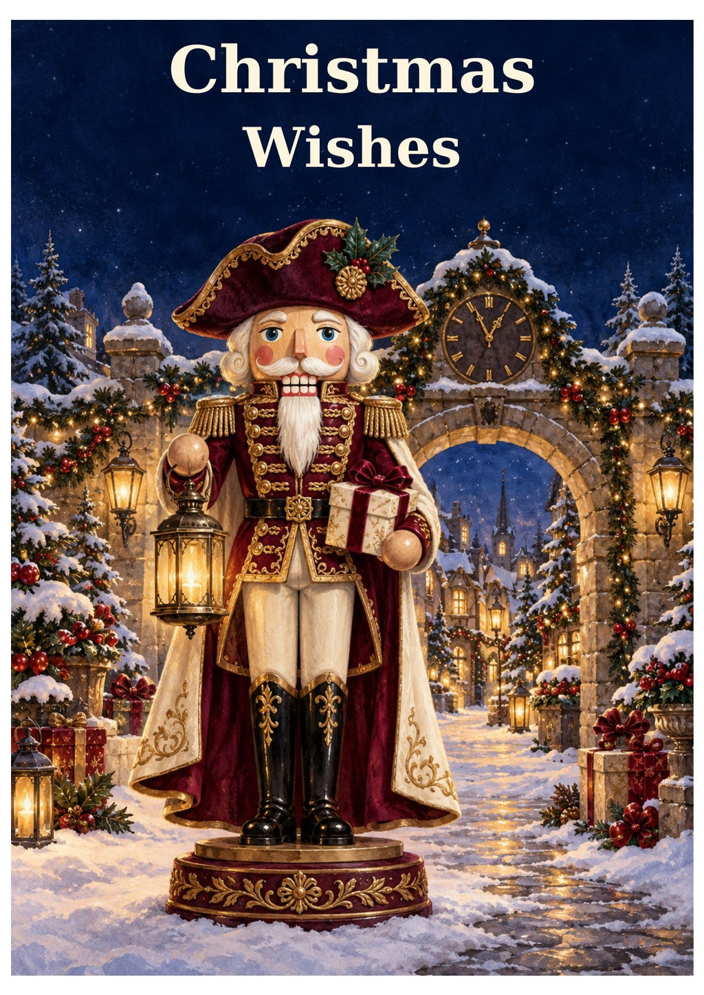 Burgundy nutcracker Christmas card with Christmas Wishes lettering.
